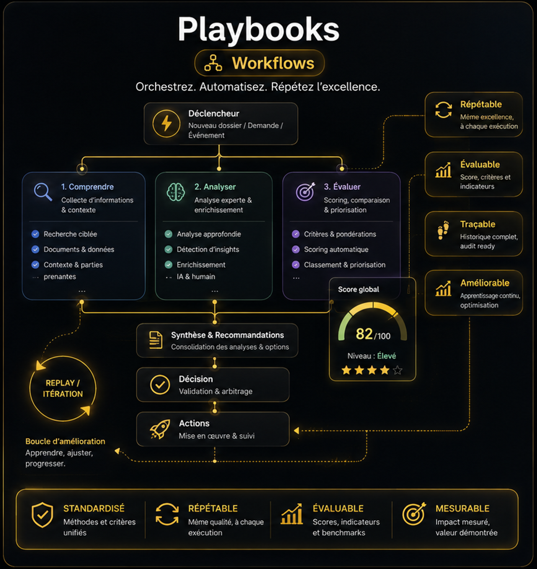 Playbook Yellowmind montrant un déclencheur, des étapes de compréhension, d’analyse et d’évaluation, puis une décision, des actions et une boucle d’amélioration mesurable.
