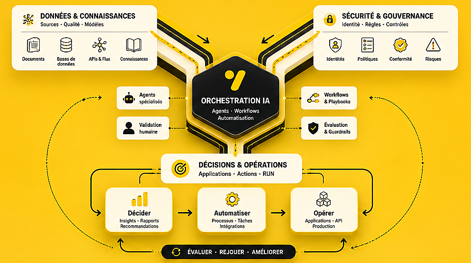 Système Yellowsys reliant données, gouvernance, orchestration IA, décisions, automatisation et opérations.